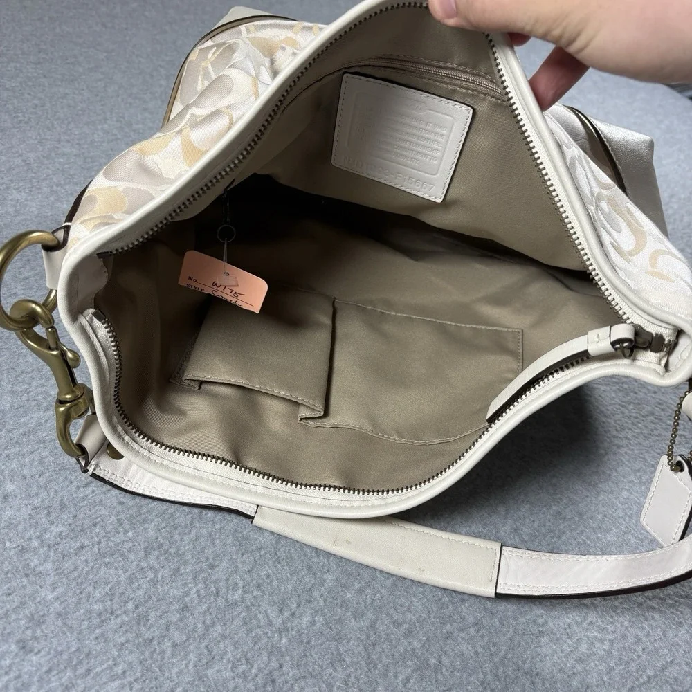 VTG Coach Optic Signature Hobo Bag Cream White Leather Canvas Shoulder Purse